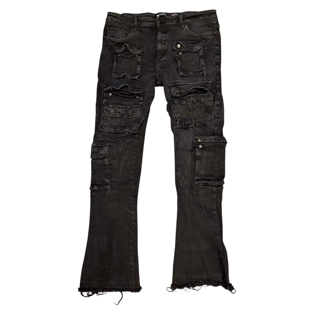 Waimea Mens Stacked Fit Cargo Jeans Black Multi Pocket Distressed 38x36